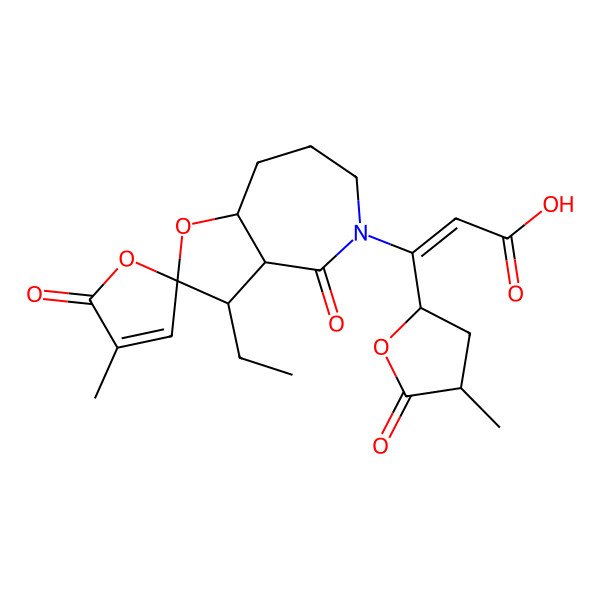 2D Structure of (Z)-3-[(2R,3S,3aS,8aR)-3-ethyl-4'-methyl-4,5'-dioxospiro[3,3a,6,7,8,8a-hexahydrofuro[3,2-c]azepine-2,2'-furan]-5-yl]-3-[(2S,4S)-4-methyl-5-oxooxolan-2-yl]prop-2-enoic acid