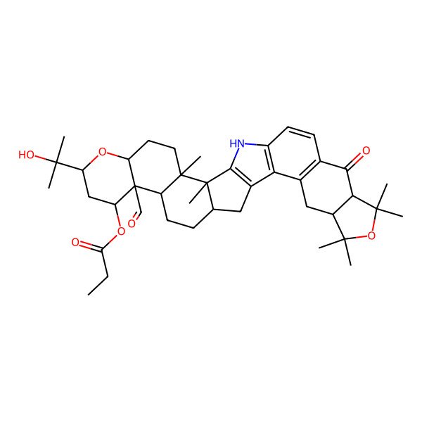 2D Structure of [11-Formyl-8-(2-hydroxypropan-2-yl)-2,3,22,22,24,24-hexamethyl-26-oxo-7,23-dioxa-31-azaoctacyclo[15.14.0.02,15.03,12.06,11.018,30.019,27.021,25]hentriaconta-1(17),18(30),19(27),28-tetraen-10-yl] propanoate