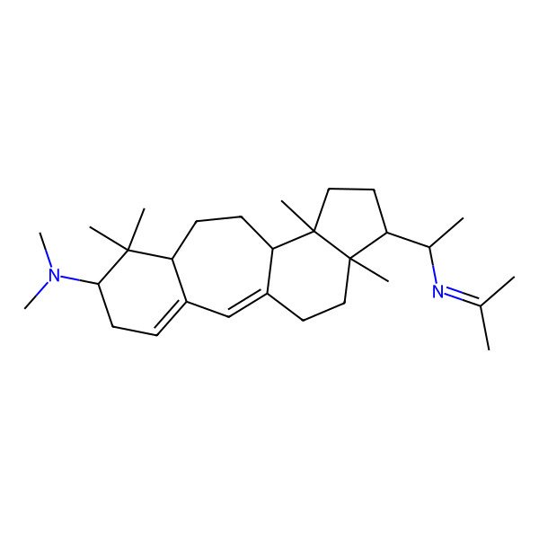 2D Structure of N,N,7,7,12,16-hexamethyl-15-[1-(propan-2-ylideneamino)ethyl]tetracyclo[9.7.0.03,8.012,16]octadeca-1,3-dien-6-amine