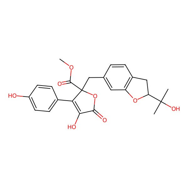 2D Structure of Methyl 4-hydroxy-3-(4-hydroxyphenyl)-2-[[2-(2-hydroxypropan-2-yl)-2,3-dihydro-1-benzofuran-6-yl]methyl]-5-oxofuran-2-carboxylate