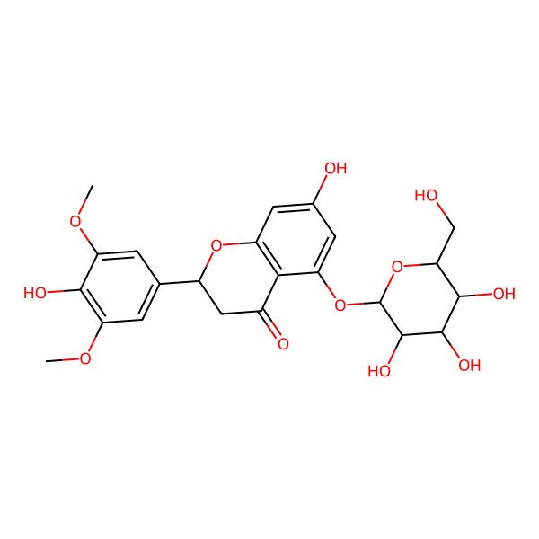 2D Structure of 7-Hydroxy-2-(4-hydroxy-3,5-dimethoxyphenyl)-5-[3,4,5-trihydroxy-6-(hydroxymethyl)oxan-2-yl]oxy-2,3-dihydrochromen-4-one
