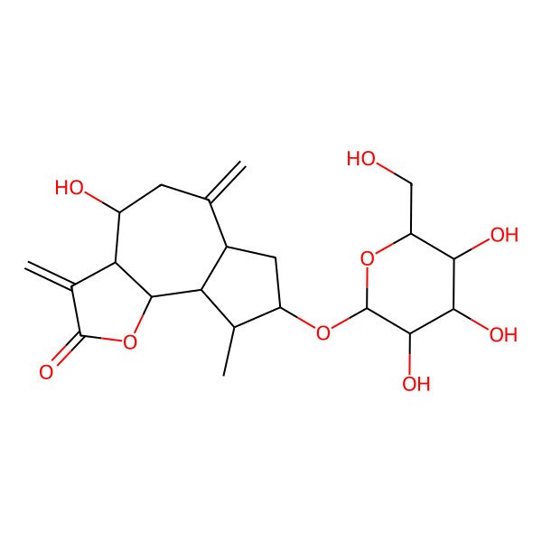 2D Structure of 4-hydroxy-9-methyl-3,6-dimethylidene-8-[3,4,5-trihydroxy-6-(hydroxymethyl)oxan-2-yl]oxy-4,5,6a,7,8,9,9a,9b-octahydro-3aH-azuleno[4,5-b]furan-2-one