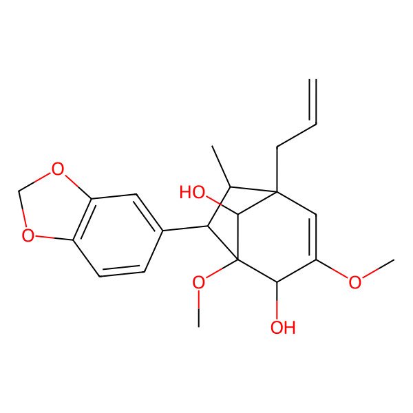 2D Structure of (1S,2R,5R,6S,7R)-7-(1,3-benzodioxol-5-yl)-1,3-dimethoxy-6-methyl-5-prop-2-enylbicyclo[3.2.1]oct-3-ene-2,8-diol