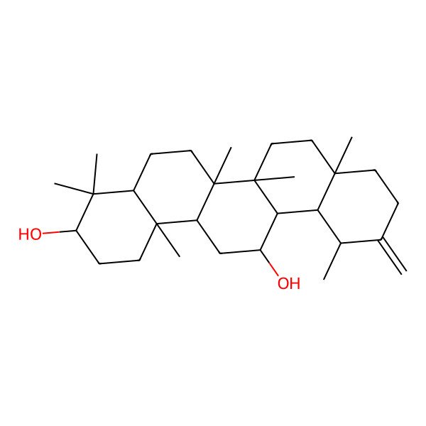 2D Structure of (3S,4aR,6aR,6aR,6bR,8aR,12S,12aR,13R,14aR,14bR)-4,4,6a,6b,8a,12,14b-heptamethyl-11-methylidene-1,2,3,4a,5,6,6a,7,8,9,10,12,12a,13,14,14a-hexadecahydropicene-3,13-diol
