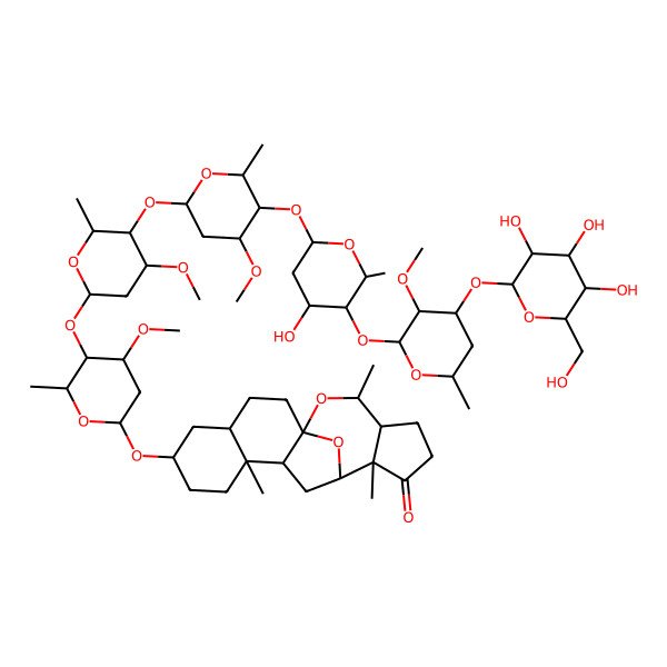 2D Structure of (1S,4S,6S,9S,10R,12R,13S,17R,18S)-6-[(2R,4S,5R,6R)-5-[(2S,4S,5R,6R)-5-[(2S,4R,5R,6R)-5-[(2S,4S,5S,6R)-4-hydroxy-5-[(2S,3S,4R,6R)-3-methoxy-6-methyl-4-[(2R,3R,4S,5S,6R)-3,4,5-trihydroxy-6-(hydroxymethyl)oxan-2-yl]oxyoxan-2-yl]oxy-6-methyloxan-2-yl]oxy-4-methoxy-6-methyloxan-2-yl]oxy-4-methoxy-6-methyloxan-2-yl]oxy-4-methoxy-6-methyloxan-2-yl]oxy-9,13,18-trimethyl-19,20-dioxapentacyclo[10.7.1.01,10.04,9.013,17]icosan-14-one