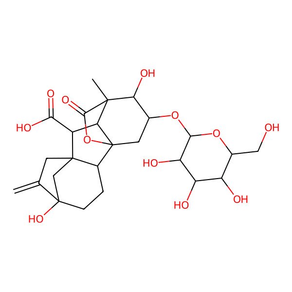 2D Structure of (1R,2R,5S,8S,9S,10R,11S,12R,13S)-5,12-dihydroxy-11-methyl-6-methylidene-16-oxo-13-[(2R,3S,4S,5S,6S)-3,4,5-trihydroxy-6-(hydroxymethyl)oxan-2-yl]oxy-15-oxapentacyclo[9.3.2.15,8.01,10.02,8]heptadecane-9-carboxylic acid