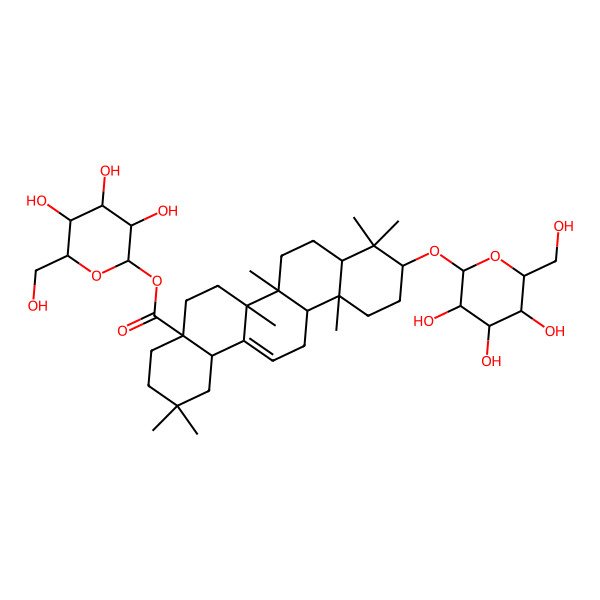 2D Structure of [(2R,3R,4S,5S,6R)-3,4,5-trihydroxy-6-(hydroxymethyl)oxan-2-yl] (4aS,6aR,6aS,6bR,8aR,10S,12aR,14bS)-2,2,6a,6b,9,9,12a-heptamethyl-10-[(2R,3R,4S,5S,6R)-3,4,5-trihydroxy-6-(hydroxymethyl)oxan-2-yl]oxy-1,3,4,5,6,6a,7,8,8a,10,11,12,13,14b-tetradecahydropicene-4a-carboxylate