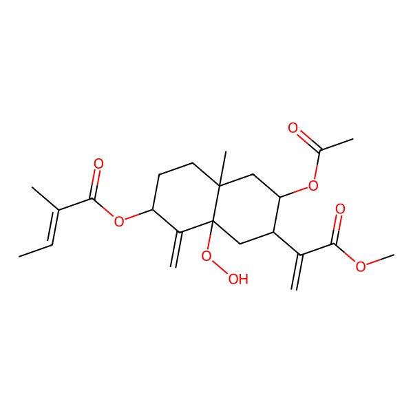 2D Structure of [6-acetyloxy-8a-hydroperoxy-7-(3-methoxy-3-oxoprop-1-en-2-yl)-4a-methyl-1-methylidene-3,4,5,6,7,8-hexahydro-2H-naphthalen-2-yl] 2-methylbut-2-enoate