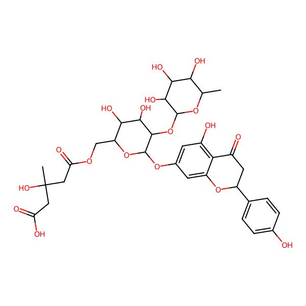 2D Structure of (3R)-5-[[(2R,3S,4S,5R,6S)-3,4-dihydroxy-6-[[(2S)-5-hydroxy-2-(4-hydroxyphenyl)-4-oxo-2,3-dihydrochromen-7-yl]oxy]-5-[(2S,3R,4R,5R,6S)-3,4,5-trihydroxy-6-methyloxan-2-yl]oxyoxan-2-yl]methoxy]-3-hydroxy-3-methyl-5-oxopentanoic acid
