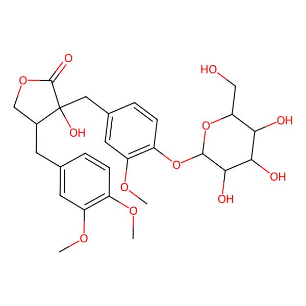 2D Structure of (3R,4R)-4-[(3,4-dimethoxyphenyl)methyl]-3-hydroxy-3-[[3-methoxy-4-[(2S,3R,4S,5S,6R)-3,4,5-trihydroxy-6-(hydroxymethyl)oxan-2-yl]oxyphenyl]methyl]oxolan-2-one