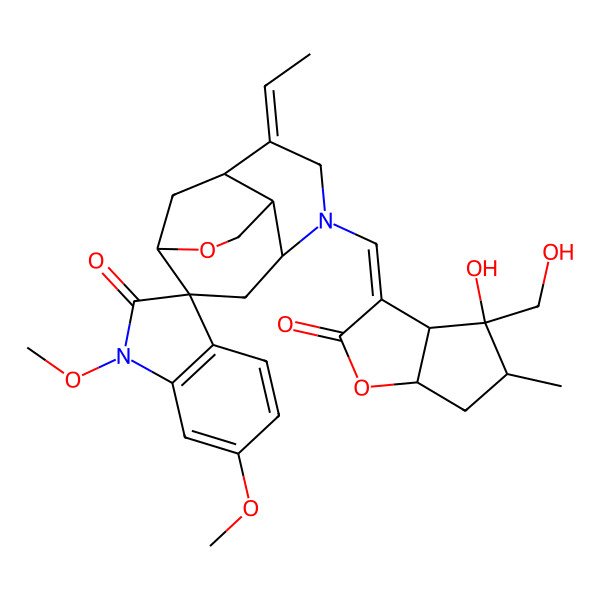 2D Structure of (1R,2S,4S,7Z,8R,9S)-5-[(Z)-[(3aS,4S,5S,6aS)-4-hydroxy-4-(hydroxymethyl)-5-methyl-2-oxo-3a,5,6,6a-tetrahydrocyclopenta[b]furan-3-ylidene]methyl]-7-ethylidene-1',6'-dimethoxyspiro[11-oxa-5-azatricyclo[6.3.1.04,9]dodecane-2,3'-indole]-2'-one