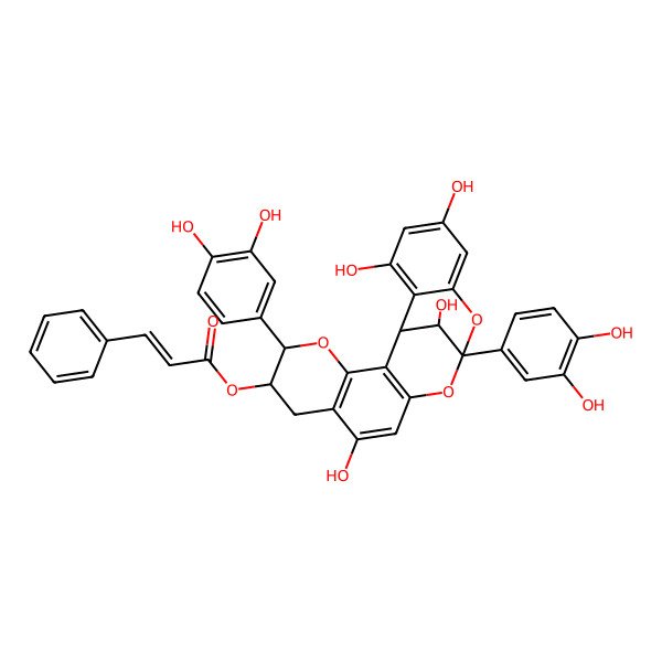 2D Structure of [(5R,6R,13S,21R)-5,13-bis(3,4-dihydroxyphenyl)-9,17,19,21-tetrahydroxy-4,12,14-trioxapentacyclo[11.7.1.02,11.03,8.015,20]henicosa-2(11),3(8),9,15,17,19-hexaen-6-yl] (E)-3-phenylprop-2-enoate
