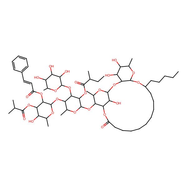 2D Structure of [5-[5-Hydroxy-6-methyl-4-(2-methylpropanoyloxy)-3-(3-phenylprop-2-enoyloxy)oxan-2-yl]oxy-6-methyl-2-[(4,5,26-trihydroxy-6,24-dimethyl-20-oxo-10-pentyl-2,7,9,21,25-pentaoxatricyclo[20.3.1.03,8]hexacosan-23-yl)oxy]-4-(3,4,5-trihydroxy-6-methyloxan-2-yl)oxyoxan-3-yl] 2-methylbutanoate
