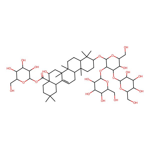 2D Structure of [(2R,3S,4R,5R,6S)-3,4,5-trihydroxy-6-(hydroxymethyl)oxan-2-yl] (4aR,5S,6aS,6aS,6bR,8aS,10R,12aR,14bR)-5-hydroxy-10-[(2S,3S,4R,5S,6S)-5-hydroxy-6-(hydroxymethyl)-3,4-bis[[(2R,3S,4R,5R,6S)-3,4,5-trihydroxy-6-(hydroxymethyl)oxan-2-yl]oxy]oxan-2-yl]oxy-2,2,6a,6b,9,9,12a-heptamethyl-1,3,4,5,6,6a,7,8,8a,10,11,12,13,14b-tetradecahydropicene-4a-carboxylate