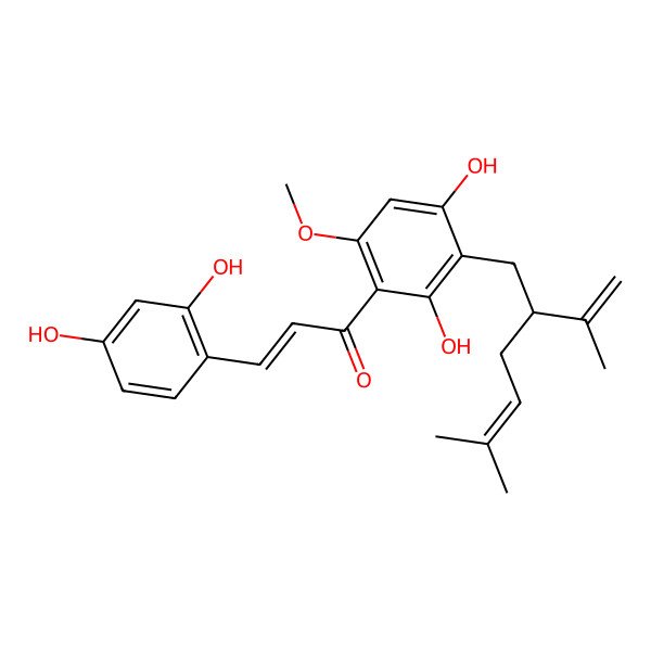 2D Structure of 1-{2,4-Dihydroxy-6-methoxy-3-[5-methyl-2-(prop-1-en-2-yl)hex-4-en-1-yl]phenyl}-3-(2,4-dihydroxyphenyl)prop-2-en-1-one