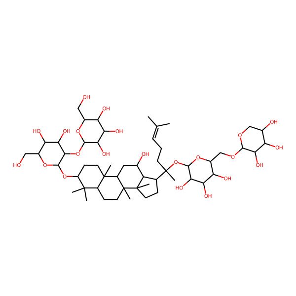 2D Structure of (2S,3R,4S,5S,6R)-2-[(2R,3R,4S,5S,6R)-4,5-dihydroxy-6-(hydroxymethyl)-2-[[(3S,5R,8R,9R,10R,12R,13R,14R,17S)-12-hydroxy-4,4,8,10,14-pentamethyl-17-[(2S)-6-methyl-2-[(2S,3R,4S,5S,6R)-3,4,5-trihydroxy-6-[[(2S,3R,4R,5R)-3,4,5-trihydroxyoxan-2-yl]oxymethyl]oxan-2-yl]oxyhept-5-en-2-yl]-2,3,5,6,7,9,11,12,13,15,16,17-dodecahydro-1H-cyclopenta[a]phenanthren-3-yl]oxy]oxan-3-yl]oxy-6-(hydroxymethyl)oxane-3,4,5-triol