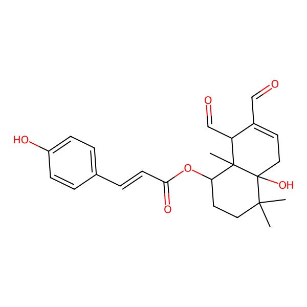 2D Structure of [(1R,4aR,8R,8aS)-7,8-diformyl-4a-hydroxy-4,4,8a-trimethyl-2,3,5,8-tetrahydro-1H-naphthalen-1-yl] (E)-3-(4-hydroxyphenyl)prop-2-enoate