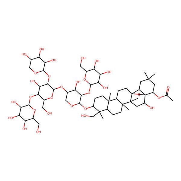 2D Structure of [(1R,2R,4S,5R,8R,9R,10S,13R,14R,17S,18S,22S)-2-hydroxy-10-[(2S,3R,4S,5S)-4-hydroxy-5-[(2R,3R,4S,5S,6R)-4-hydroxy-6-(hydroxymethyl)-5-[(2S,3R,4S,5S,6R)-3,4,5-trihydroxy-6-(hydroxymethyl)oxan-2-yl]oxy-3-[(2S,3R,4S,5R)-3,4,5-trihydroxyoxan-2-yl]oxyoxan-2-yl]oxy-3-[(2S,3R,4S,5S,6R)-3,4,5-trihydroxy-6-(hydroxymethyl)oxan-2-yl]oxyoxan-2-yl]oxy-9-(hydroxymethyl)-4,5,9,13,20,20-hexamethyl-24-oxahexacyclo[15.5.2.01,18.04,17.05,14.08,13]tetracosan-22-yl] acetate