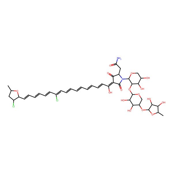 2D Structure of 2-[(2S,4E)-4-[(2E,4E,6E,8E,10Z,12E,14Z,16E)-11-chloro-17-[(2S,3S,5R)-3-chloro-5-methyloxolan-2-yl]-1-hydroxyheptadeca-2,4,6,8,10,12,14,16-octaenylidene]-1-[(2R,3R,4S,5R)-3-[(2S,3S,4S,5R)-5-[(2S,3S,4S,5R)-3,4-dihydroxy-5-methyloxolan-2-yl]oxy-3,4-dihydroxyoxan-2-yl]oxy-4,5-dihydroxyoxan-2-yl]-3,5-dioxopyrrolidin-2-yl]acetamide