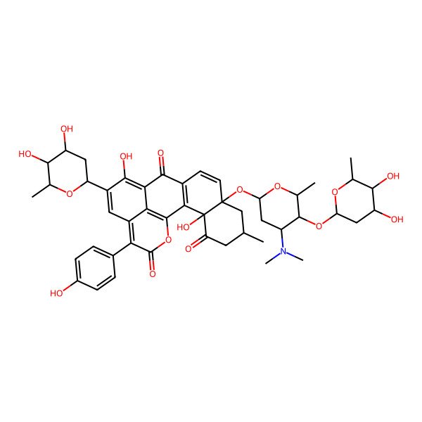 2D Structure of 15-(4,5-Dihydroxy-6-methyloxan-2-yl)-8-[5-(4,5-dihydroxy-6-methyloxan-2-yl)oxy-4-(dimethylamino)-6-methyloxan-2-yl]oxy-3,14-dihydroxy-18-(4-hydroxyphenyl)-6-methyl-20-oxapentacyclo[11.7.1.02,11.03,8.017,21]henicosa-1(21),2(11),9,13,15,17-hexaene-4,12,19-trione