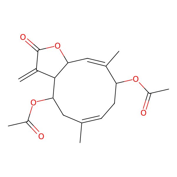2D Structure of [(3aR,4R,6E,9S,10Z,11aS)-4-acetyloxy-6,10-dimethyl-3-methylidene-2-oxo-3a,4,5,8,9,11a-hexahydrocyclodeca[b]furan-9-yl] acetate