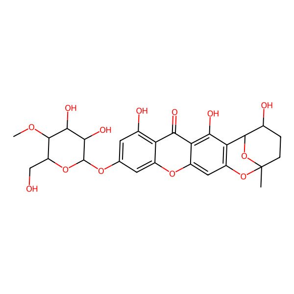2D Structure of 9-[3,4-Dihydroxy-6-(hydroxymethyl)-5-methoxyoxan-2-yl]oxy-3,7,20-trihydroxy-17-methyl-12,16,21-trioxapentacyclo[15.3.1.02,15.04,13.06,11]henicosa-2(15),3,6,8,10,13-hexaen-5-one