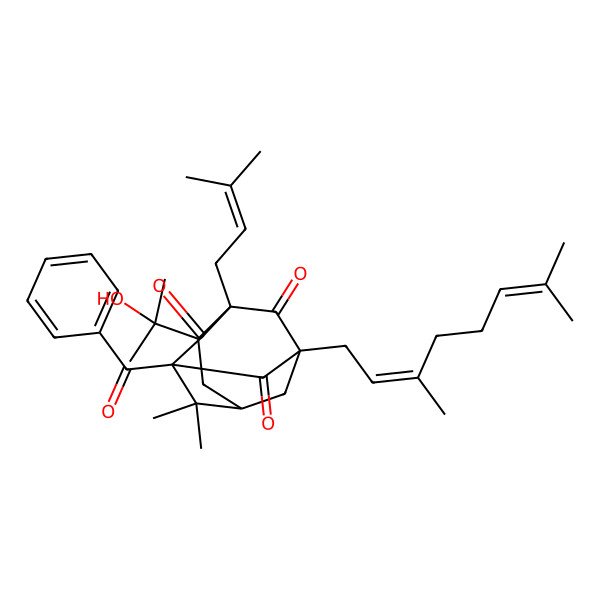 2D Structure of (1S,3R,4R,6S,8R)-8-benzoyl-1-[(2E)-3,7-dimethylocta-2,6-dienyl]-4-(2-hydroxypropan-2-yl)-7,7-dimethyl-3-(3-methylbut-2-enyl)tricyclo[4.3.1.13,8]undecane-2,9,11-trione