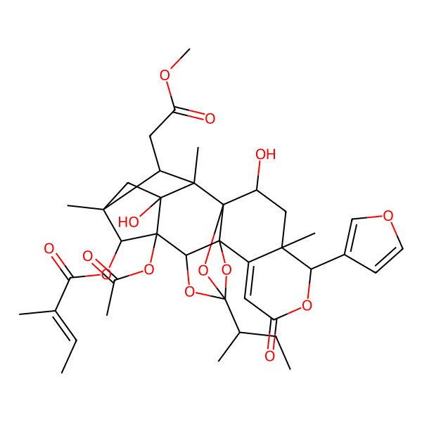 2D Structure of [(1R,2R,4R,5R,10R,14S,15S,16R,18R,19S,20R)-15-acetyloxy-12-butan-2-yl-5-(furan-3-yl)-2,16-dihydroxy-19-(2-methoxy-2-oxoethyl)-4,18,20-trimethyl-7-oxo-6,11,13,21-tetraoxaheptacyclo[10.8.1.115,18.01,10.04,9.010,14.016,20]docos-8-en-22-yl] (E)-2-methylbut-2-enoate