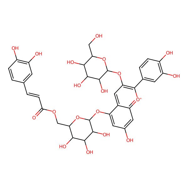 2D Structure of [(3S,4S,6S)-6-[2-(3,4-dihydroxyphenyl)-7-hydroxy-3-[(2S,5S)-3,4,5-trihydroxy-6-(hydroxymethyl)oxan-2-yl]oxychromenylium-5-yl]oxy-3,4,5-trihydroxyoxan-2-yl]methyl 3-(3,4-dihydroxyphenyl)prop-2-enoate