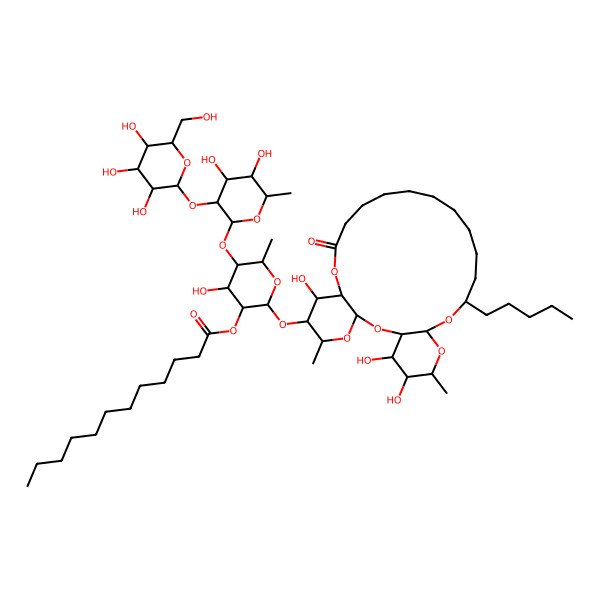 2D Structure of [(2S,3R,4R,5R,6S)-5-[(2S,3R,4R,5R,6S)-4,5-dihydroxy-6-methyl-3-[(2S,3R,4S,5S,6R)-3,4,5-trihydroxy-6-(hydroxymethyl)oxan-2-yl]oxyoxan-2-yl]oxy-4-hydroxy-6-methyl-2-[[(1R,3S,5S,6R,7R,8R,20S,22R,24R,25S,26S)-7,25,26-trihydroxy-5,24-dimethyl-10-oxo-20-pentyl-2,4,9,21,23-pentaoxatricyclo[20.4.0.03,8]hexacosan-6-yl]oxy]oxan-3-yl] dodecanoate