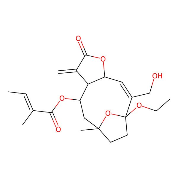 2D Structure of [1-Ethoxy-2-(hydroxymethyl)-11-methyl-7-methylidene-6-oxo-5,14-dioxatricyclo[9.2.1.04,8]tetradec-2-en-9-yl] 2-methylbut-2-enoate