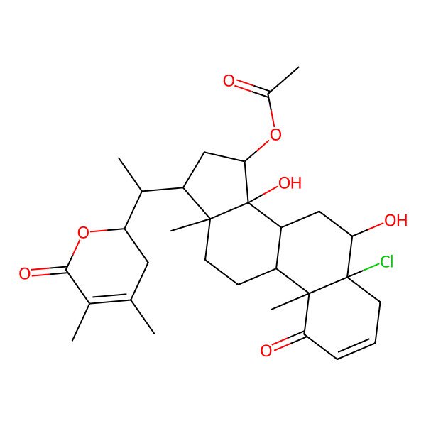 2D Structure of [(5R,6R,8R,9S,10S,13R,14S,15S,17R)-5-chloro-17-[(1S)-1-[(2R)-4,5-dimethyl-6-oxo-2,3-dihydropyran-2-yl]ethyl]-6,14-dihydroxy-10,13-dimethyl-1-oxo-4,6,7,8,9,11,12,15,16,17-decahydrocyclopenta[a]phenanthren-15-yl] acetate