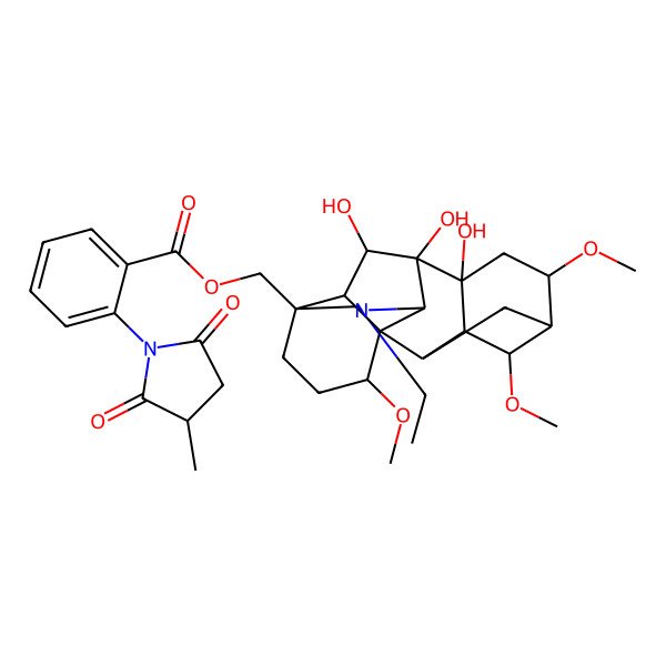 2D Structure of [(1S,2R,3R,4S,5R,6S,8R,9S,10S,13S,16S,17R,18S)-11-ethyl-8,9,18-trihydroxy-4,6,16-trimethoxy-11-azahexacyclo[7.7.2.12,5.01,10.03,8.013,17]nonadecan-13-yl]methyl 2-[(3S)-3-methyl-2,5-dioxopyrrolidin-1-yl]benzoate
