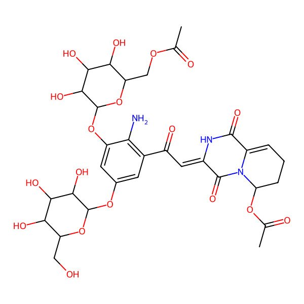 2D Structure of [6-[3-[2-(6-acetyloxy-1,4-dioxo-7,8-dihydro-6H-pyrido[1,2-a]pyrazin-3-ylidene)acetyl]-2-amino-5-[3,4,5-trihydroxy-6-(hydroxymethyl)oxan-2-yl]oxyphenoxy]-3,4,5-trihydroxyoxan-2-yl]methyl acetate