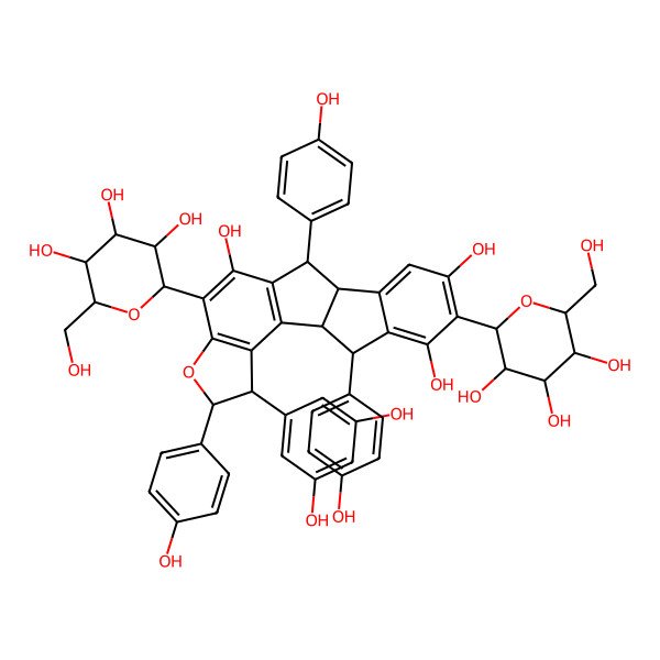 2D Structure of (1S,4R,5S,11R,12S,19R)-4-(3,5-dihydroxyphenyl)-5,11,19-tris(4-hydroxyphenyl)-8,16-bis[(2S,3R,4R,5S,6R)-3,4,5-trihydroxy-6-(hydroxymethyl)oxan-2-yl]-6-oxapentacyclo[10.7.0.02,10.03,7.013,18]nonadeca-2(10),3(7),8,13,15,17-hexaene-9,15,17-triol
