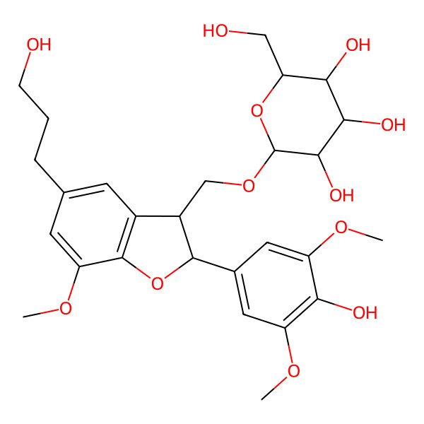 2D Structure of (2R,3R,4S,5S,6R)-2-[[(2S,3S)-2-(4-hydroxy-3,5-dimethoxyphenyl)-5-(3-hydroxypropyl)-7-methoxy-2,3-dihydro-1-benzofuran-3-yl]methoxy]-6-(hydroxymethyl)oxane-3,4,5-triol