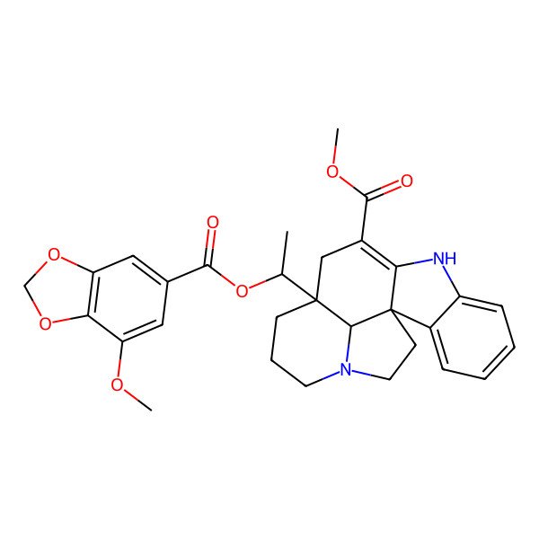 2D Structure of methyl (1R,12S,19R)-12-[(1R)-1-(7-methoxy-1,3-benzodioxole-5-carbonyl)oxyethyl]-8,16-diazapentacyclo[10.6.1.01,9.02,7.016,19]nonadeca-2,4,6,9-tetraene-10-carboxylate