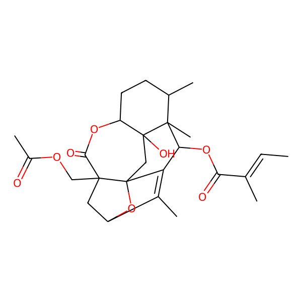 2D Structure of [5-(Acetyloxymethyl)-13-hydroxy-2,11,12-trimethyl-6-oxo-7,17-dioxapentacyclo[10.3.1.13,15.05,15.08,13]heptadec-1-en-16-yl] 2-methylbut-2-enoate