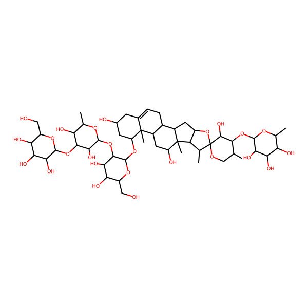 2D Structure of (1S,2S,3'S,4S,4'S,5'R,6S,7S,8R,9S,10R,12S,13R,14R,16R)-14-[(2R,3R,4S,5S,6R)-3-[(2S,3R,4R,5S,6S)-3,5-dihydroxy-6-methyl-4-[(2S,3R,4S,5S,6R)-3,4,5-trihydroxy-6-(hydroxymethyl)oxan-2-yl]oxyoxan-2-yl]oxy-4,5-dihydroxy-6-(hydroxymethyl)oxan-2-yl]oxy-5',7,9,13-tetramethyl-4'-[(2S,3R,4R,5R,6R)-3,4,5-trihydroxy-6-methyloxan-2-yl]oxyspiro[5-oxapentacyclo[10.8.0.02,9.04,8.013,18]icos-18-ene-6,2'-oxane]-3',10,16-triol