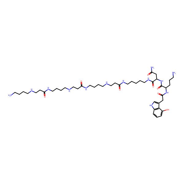 2D Structure of (2S)-N-[5-[3-[4-[3-[4-[3-(4-aminobutylamino)propanoylamino]butylamino]propanoylamino]butylamino]propanoylamino]pentyl]-2-[[(2S)-5-amino-2-[[2-(4-hydroxy-1H-indol-3-yl)acetyl]amino]pentanoyl]amino]butanediamide