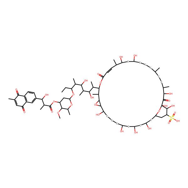 2D Structure of 16-[3,5-Dihydroxy-7-[4-[3-hydroxy-2-methyl-3-(6-methyl-5,8-dioxonaphthalen-2-yl)propanoyl]oxy-5-methoxy-6-methyloxan-2-yl]oxy-4,6-dimethylnonan-2-yl]-3,5,7,11,22,24,32,34,35-nonahydroxy-15,21,28,31-tetramethyl-18,33-dioxo-13,17,38-trioxatricyclo[32.3.1.012,14]octatriacont-19-ene-36-sulfonic acid