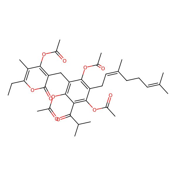 2D Structure of [2-Ethyl-3-methyl-6-oxo-5-[[2,4,6-triacetyloxy-3-(3,7-dimethylocta-2,6-dienyl)-5-(2-methylpropanoyl)phenyl]methyl]pyran-4-yl] acetate