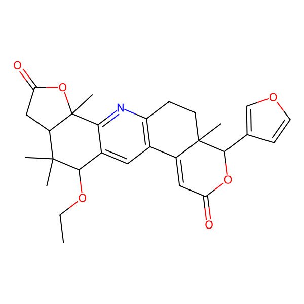 2D Structure of (4S,8S,10R,18R,19R)-10-ethoxy-18-(furan-3-yl)-4,9,9,19-tetramethyl-5,17-dioxa-2-azapentacyclo[11.8.0.03,11.04,8.014,19]henicosa-1(13),2,11,14-tetraene-6,16-dione