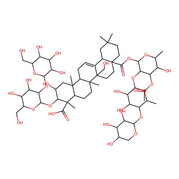2D Structure of 8a-[4-Acetyloxy-3-[3,4-dihydroxy-6-methyl-5-(3,4,5-trihydroxyoxan-2-yl)oxyoxan-2-yl]oxy-5-hydroxy-6-methyloxan-2-yl]oxycarbonyl-3-[4,5-dihydroxy-6-(hydroxymethyl)-3-[3,4,5-trihydroxy-6-(hydroxymethyl)oxan-2-yl]oxyoxan-2-yl]oxy-2-hydroxy-6b-(hydroxymethyl)-4,6a,11,11,14b-pentamethyl-1,2,3,4a,5,6,7,8,9,10,12,12a,14,14a-tetradecahydropicene-4-carboxylic acid
