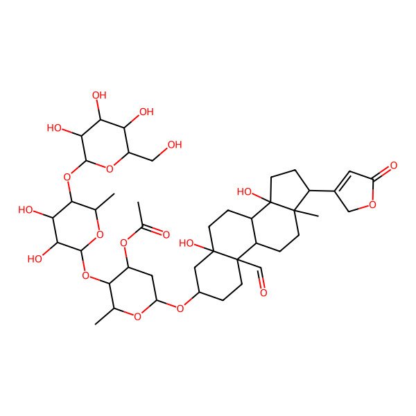 2D Structure of [(2R,3R,4S,6R)-3-[(2S,3R,4S,5R,6S)-3,4-dihydroxy-6-methyl-5-[(2S,3R,4S,5S,6R)-3,4,5-trihydroxy-6-(hydroxymethyl)oxan-2-yl]oxyoxan-2-yl]oxy-6-[[(3S,5S,8R,9S,10S,13R,14S,17R)-10-formyl-5,14-dihydroxy-13-methyl-17-(5-oxo-2H-furan-3-yl)-2,3,4,6,7,8,9,11,12,15,16,17-dodecahydro-1H-cyclopenta[a]phenanthren-3-yl]oxy]-2-methyloxan-4-yl] acetate