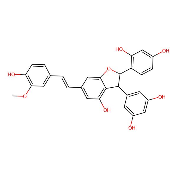 2D Structure of 4-[(2S,3S)-3-(3,5-dihydroxyphenyl)-4-hydroxy-6-[(E)-2-(4-hydroxy-3-methoxyphenyl)ethenyl]-2,3-dihydro-1-benzofuran-2-yl]benzene-1,3-diol