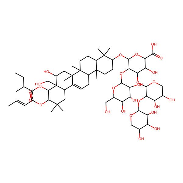 2D Structure of (2S,3S,4S,5R,6R)-6-[[(3S,6aR,6bS,8R,8aR,9R,10R,12aS,14aR,14bR)-10-[(Z)-but-2-enoyl]oxy-8-hydroxy-8a-(hydroxymethyl)-4,4,6a,6b,11,11,14b-heptamethyl-9-(2-methylbutanoyloxy)-1,2,3,4a,5,6,7,8,9,10,12,12a,14,14a-tetradecahydropicen-3-yl]oxy]-4-[(2S,3R,4S,5S)-4,5-dihydroxy-3-[(2S,3R,4S,5R)-3,4,5-trihydroxyoxan-2-yl]oxyoxan-2-yl]oxy-3-hydroxy-5-[(2S,3R,4S,5R,6R)-3,4,5-trihydroxy-6-(hydroxymethyl)oxan-2-yl]oxyoxane-2-carboxylic acid