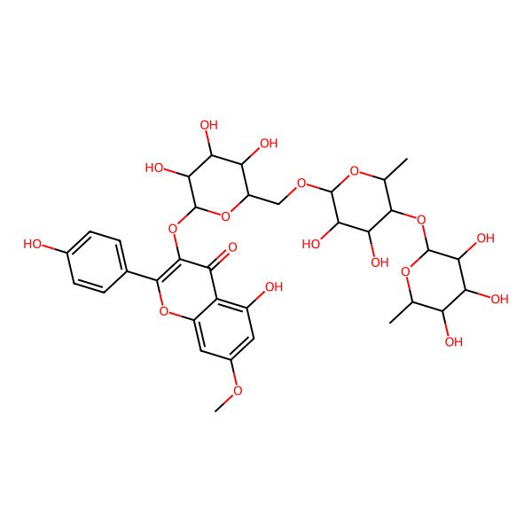 2D Structure of 3-[(2S,3R,4R,5S,6S)-6-[[(2R,3R,4R,5R,6R)-3,4-dihydroxy-6-methyl-5-[(2S,3S,4S,5R,6S)-3,4,5-trihydroxy-6-methyloxan-2-yl]oxyoxan-2-yl]oxymethyl]-3,4,5-trihydroxyoxan-2-yl]oxy-5-hydroxy-2-(4-hydroxyphenyl)-7-methoxychromen-4-one