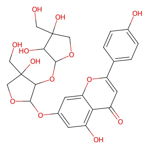2D Structure of 7-[(2S,3R,4R)-3-[(2S,3R,4R)-3,4-dihydroxy-4-(hydroxymethyl)oxolan-2-yl]oxy-4-hydroxy-4-(hydroxymethyl)oxolan-2-yl]oxy-5-hydroxy-2-(4-hydroxyphenyl)chromen-4-one