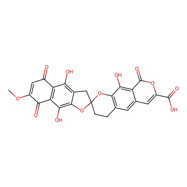 2D Structure of (2S)-4',9',10-trihydroxy-7'-methoxy-5',8',9-trioxospiro[3,4-dihydropyrano[4,3-g]chromene-2,2'-3H-benzo[f][1]benzofuran]-7-carboxylic acid